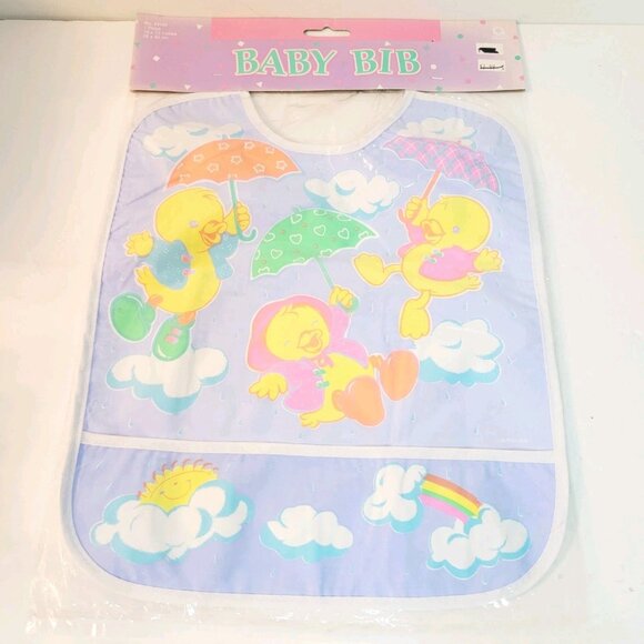 Vtg Bavette Amscan Multi Color Baby Ducks Rainbows Sun Clouds Umbrellas Bib - Picture 1 of 6